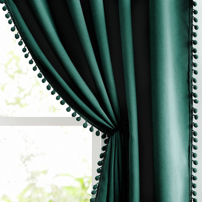 Treatmentex Green Blackout Curtains for Bedroom 84 inch Pom Pom Windows Drapes Cute Decorative Triple Weave Thermal Insulated Curtain Drapes for Nursery Room Studio Hotel 52" w x2 Panels Rod Pocket - Image 1